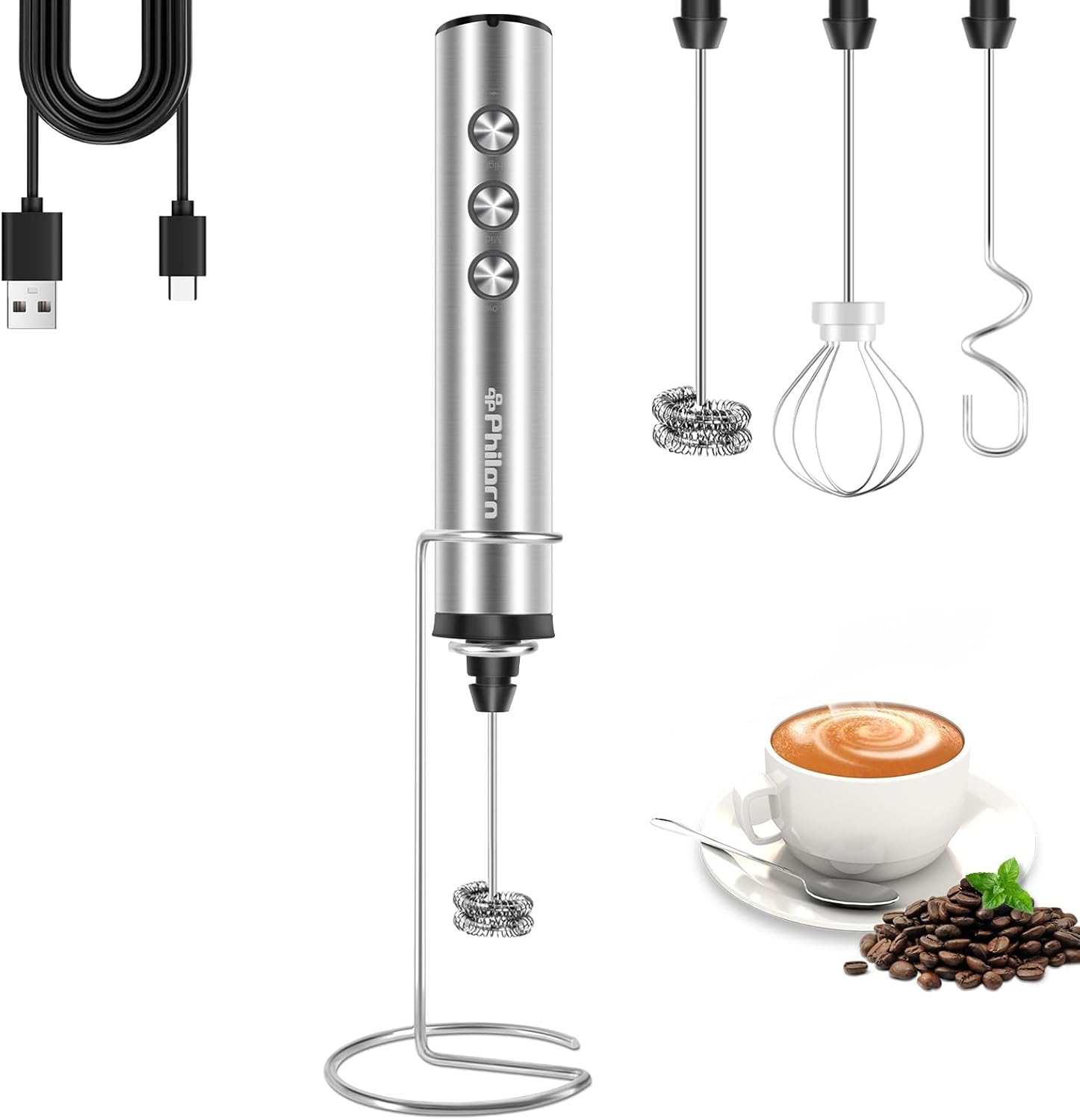 Milk Frother - Rechargeable Milk Frother with Stand, 3